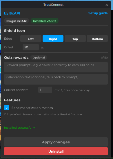 TrustConnect plugin configuration window: shield icon edge and offset, quiz rewards, features, Apply changes and Uninstall buttons