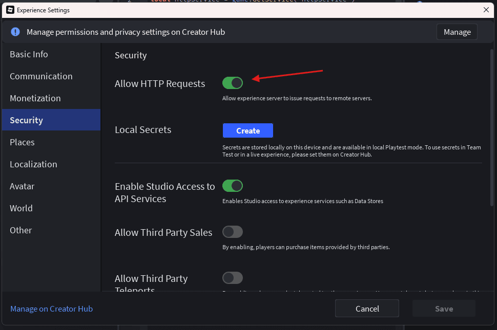 Roblox Studio Experience Settings with the Security tab selected and the Allow HTTP Requests toggle enabled